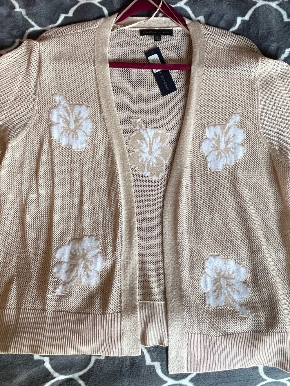 Adrienne Vittadini Cream Floral Appliqué Open Cardigan